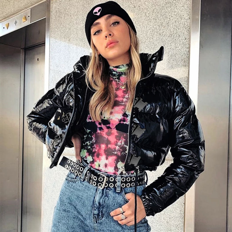 Black Glossy High Neck Long Sleeve Cropped Puffer Coat