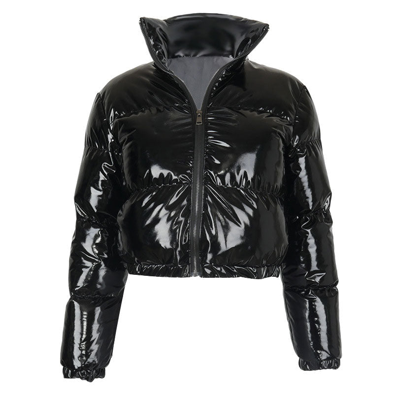 Black Glossy High Neck Long Sleeve Cropped Puffer Coat