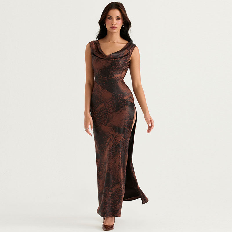 Brown Cowl Neck Sleeveless Satin Abstract Print High Slit Maxi Dress