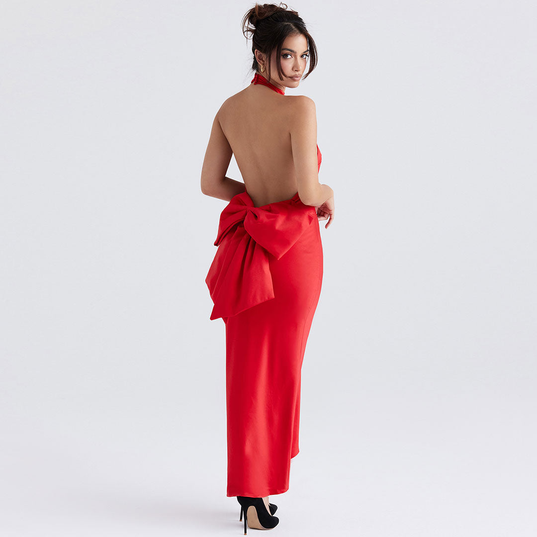 Red Halter Neck Backless Bow Back Satin Bodycon Maxi Dress