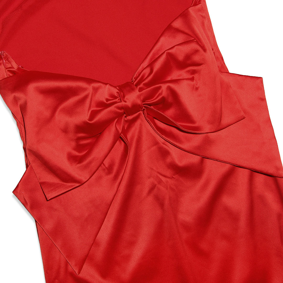 Red Halter Neck Backless Bow Back Satin Bodycon Maxi Dress