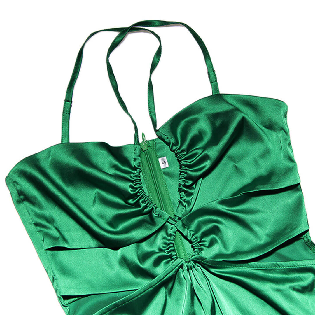 Green Crisscross Strap Satin Cutout Ruched High Slit Maxi Gown 4