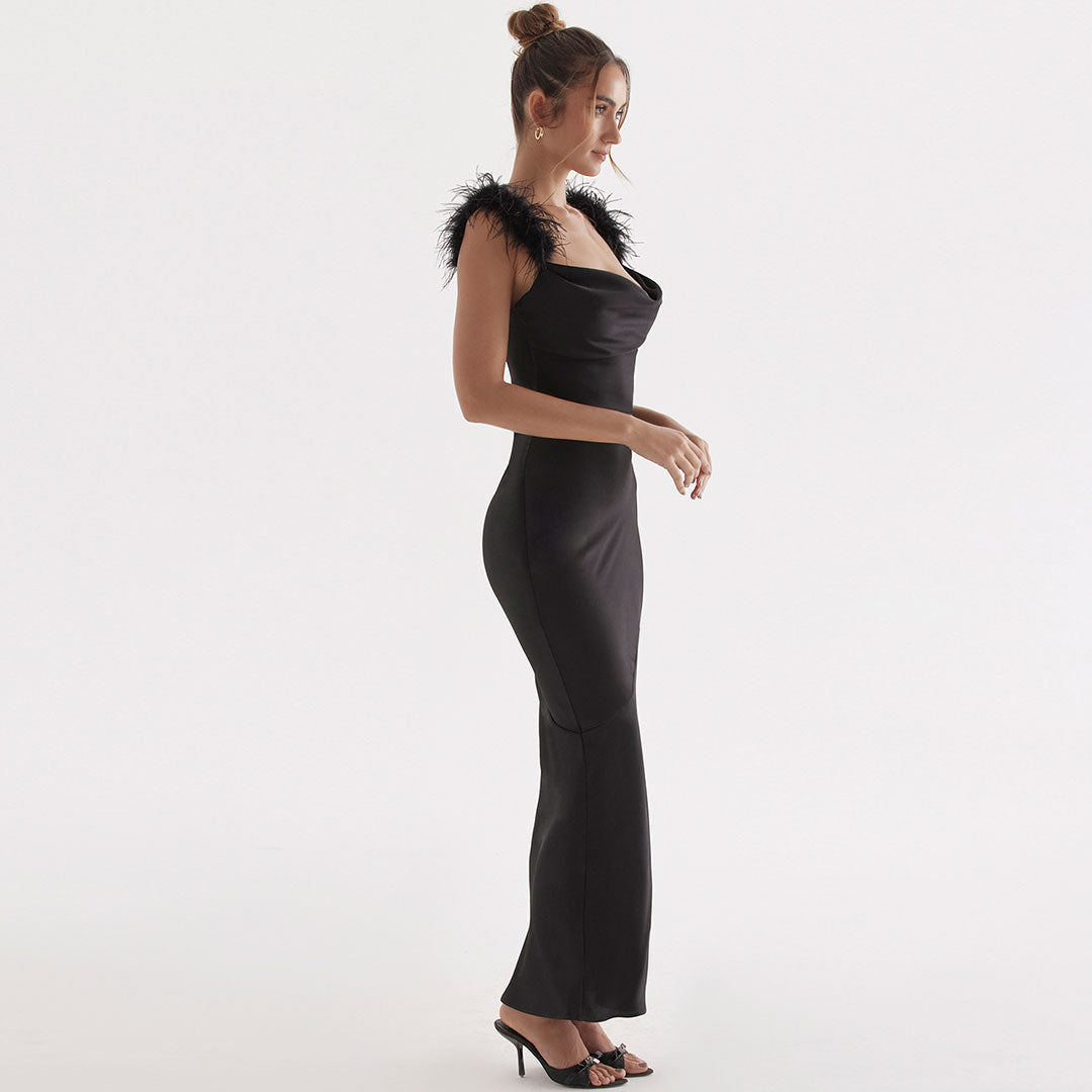 Black Feather Strap Satin Cowl Neck Bodycon Maxi Gown