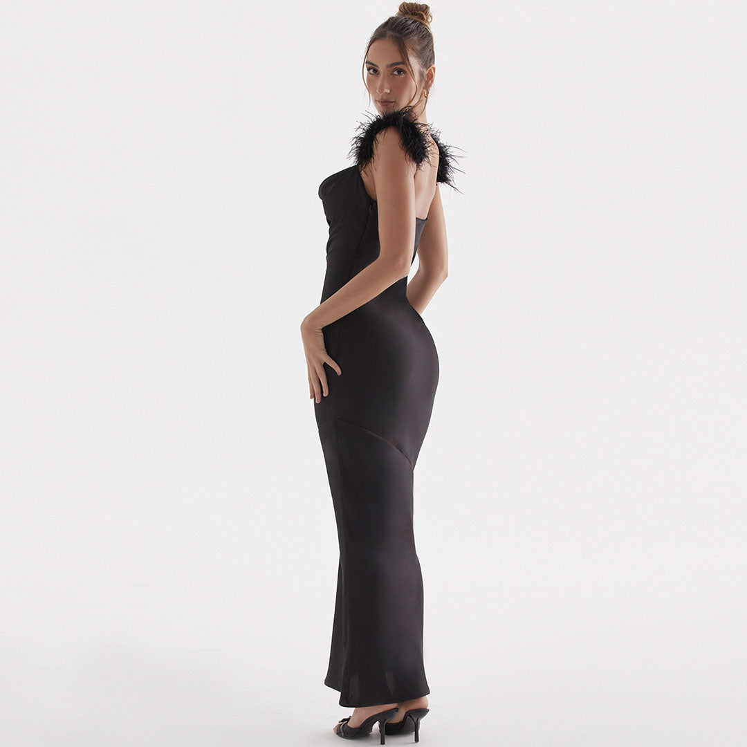 Black Feather Strap Satin Cowl Neck Bodycon Maxi Gown