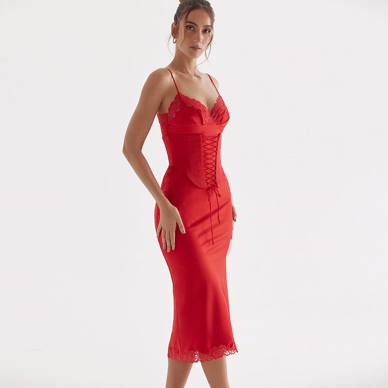 Red Spaghetti Strap Lace Trim Lace-Up Corset Satin Bodycon Midi Dress