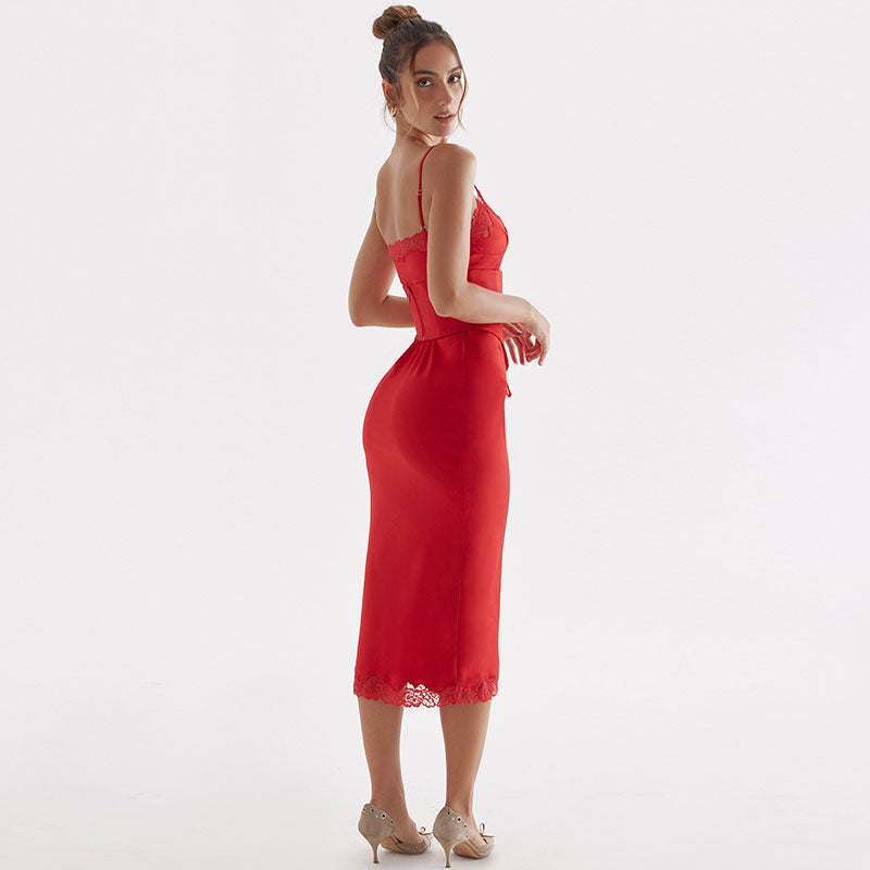 Red Spaghetti Strap Lace Trim Lace-Up Corset Satin Bodycon Midi Dress