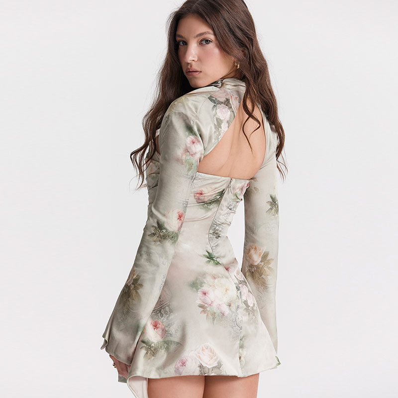 Floral Floral Print Satin High Neck Cutout Long Sleeve Ruched Mini Dress 3