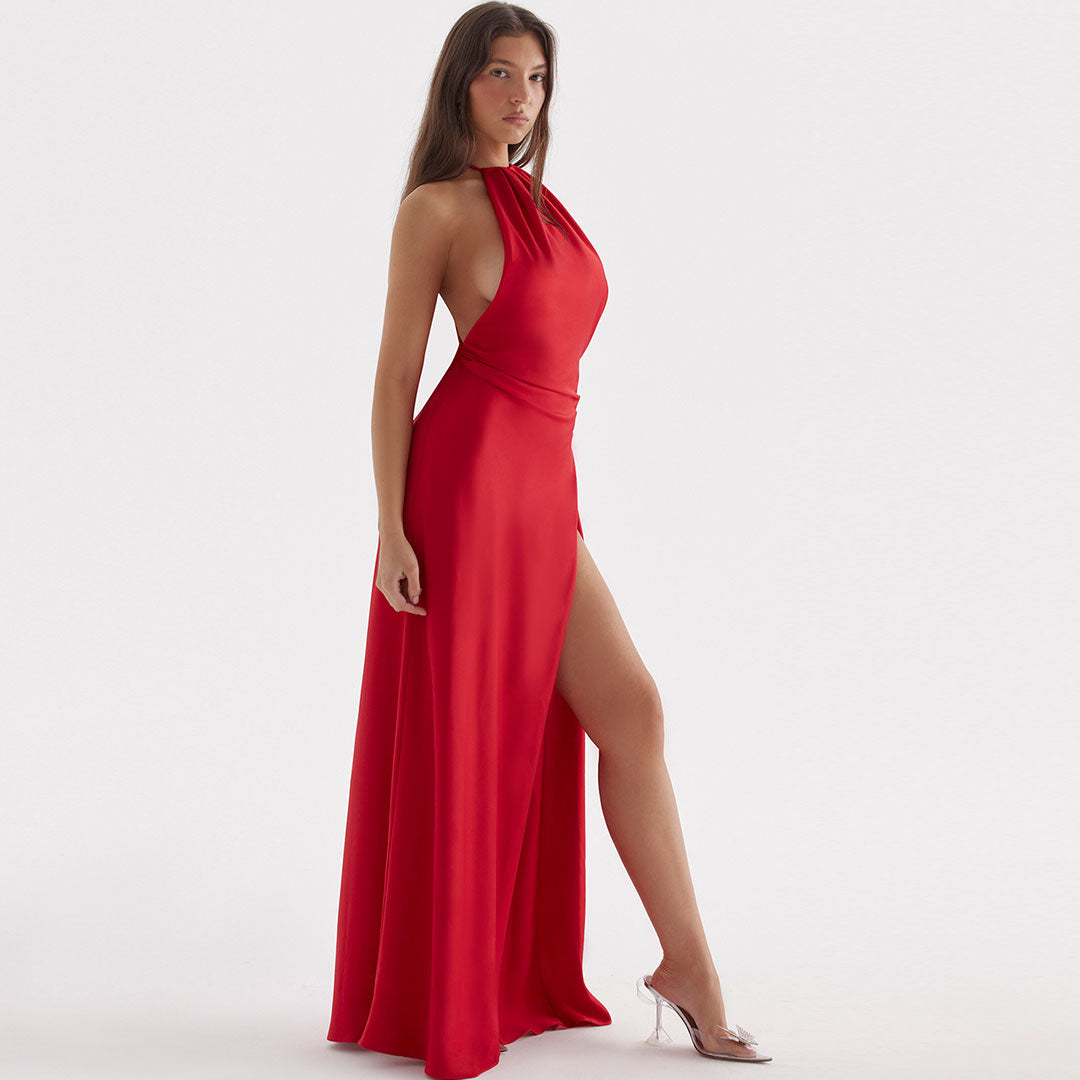 Red Halter Neck Satin High Slit Backless Maxi Gown