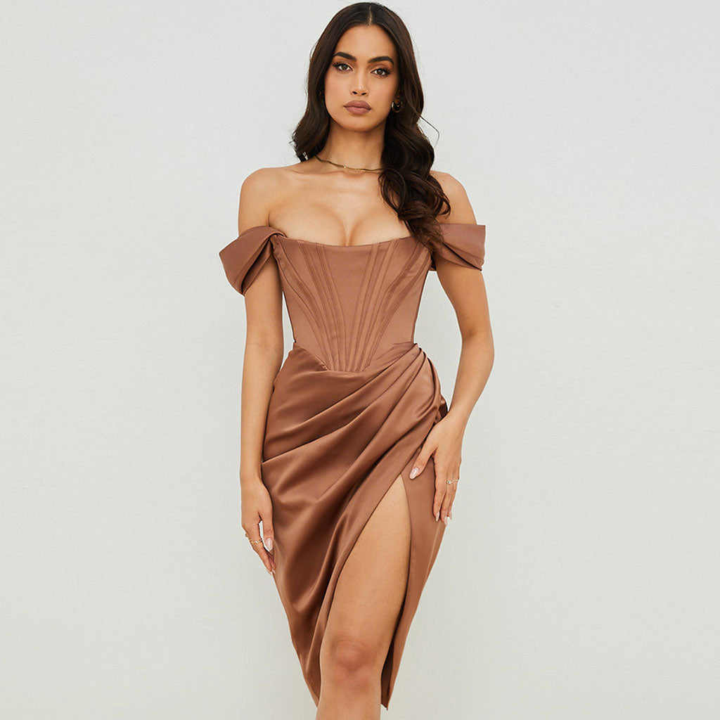 Chocolate Off-Shoulder Satin Corset Draped Wrap High Slit Midi Dress