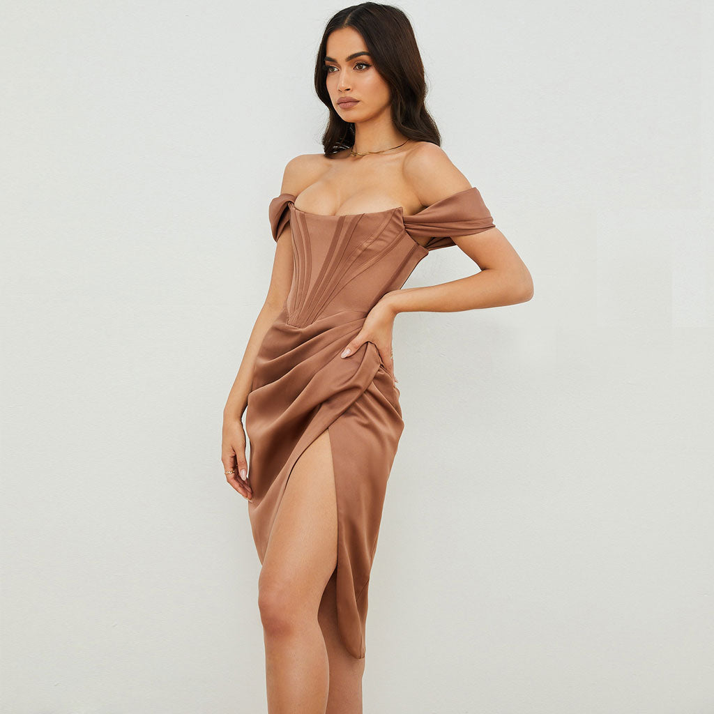Chocolate Off-Shoulder Satin Corset Draped Wrap High Slit Midi Dress