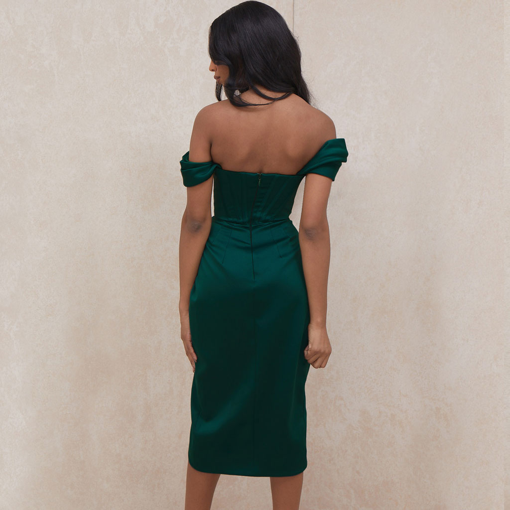 Emerald Green Off-Shoulder Satin Corset Draped Wrap High Slit Midi Dress