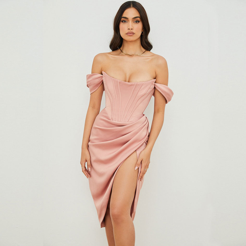 Pink Off-Shoulder Satin Corset Draped Wrap High Slit Midi Dress