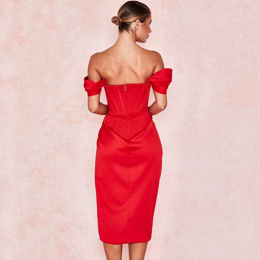 Red Off-Shoulder Satin Corset Draped Wrap High Slit Midi Dress