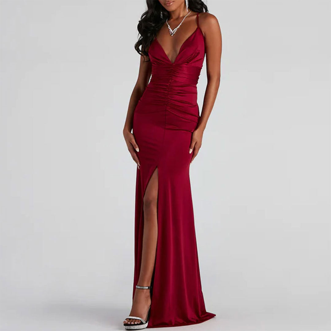 Red Deep V-Neck Spaghetti Strap Satin Ruched High Slit Mermaid Gown