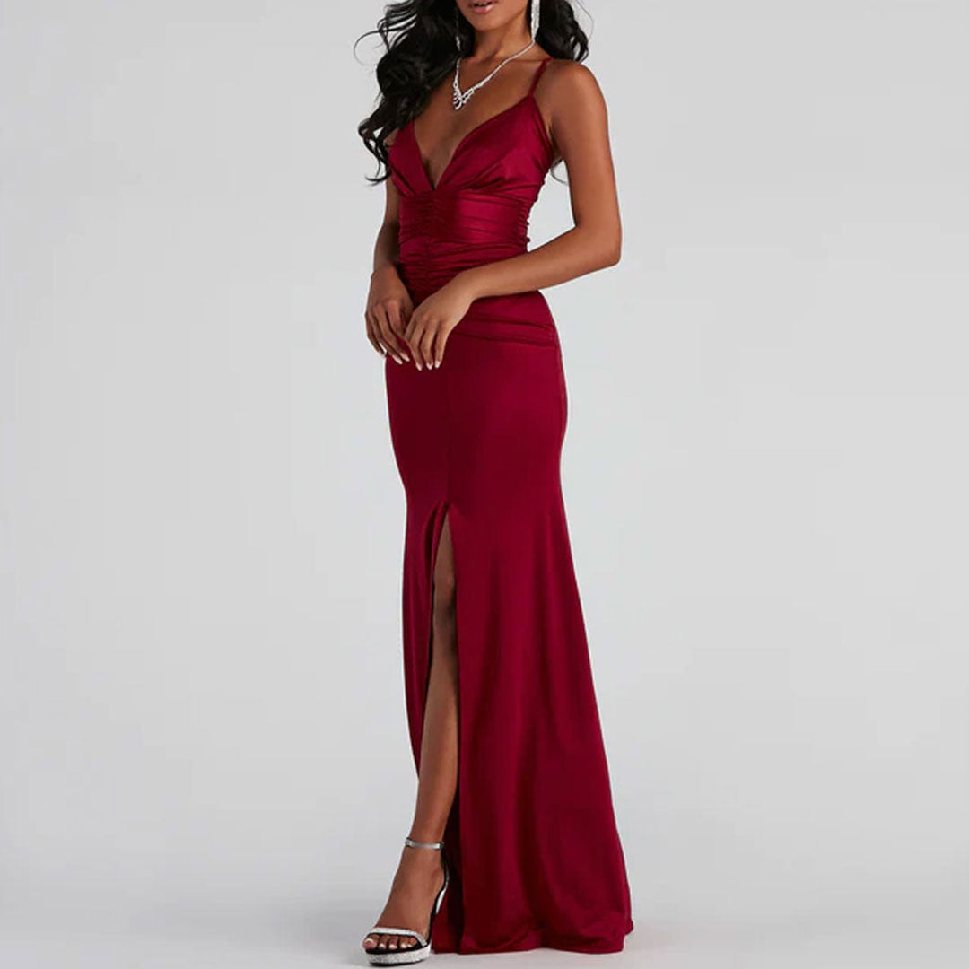 Ruched Deep V High Slit Backless Maxi Dress - Red