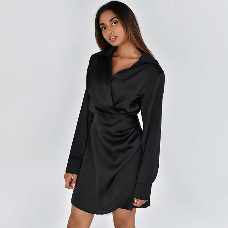 Black Spread Collar V-Neck Satin Ruched Long Sleeve Shirt Mini Dress