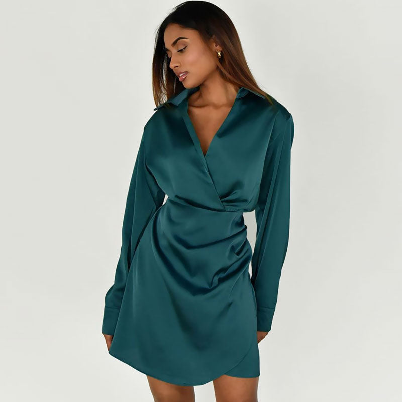 Teal Green Spread Collar V-Neck Satin Ruched Long Sleeve Shirt Mini Dress