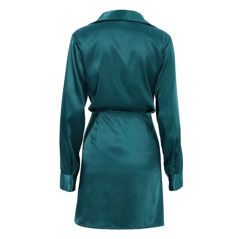 Teal Green Spread Collar V-Neck Satin Ruched Long Sleeve Shirt Mini Dress 4