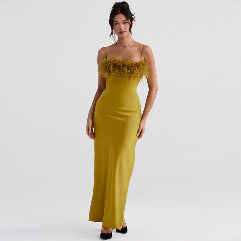 Green Spaghetti Strap Feather Trim Satin Slip Maxi Gown