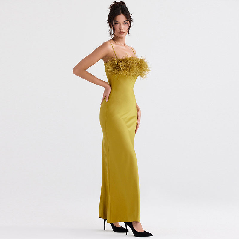 Green Spaghetti Strap Feather Trim Satin Slip Maxi Gown 2