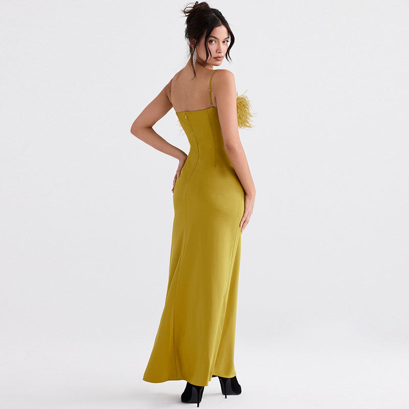 Green Spaghetti Strap Feather Trim Satin Slip Maxi Gown 3