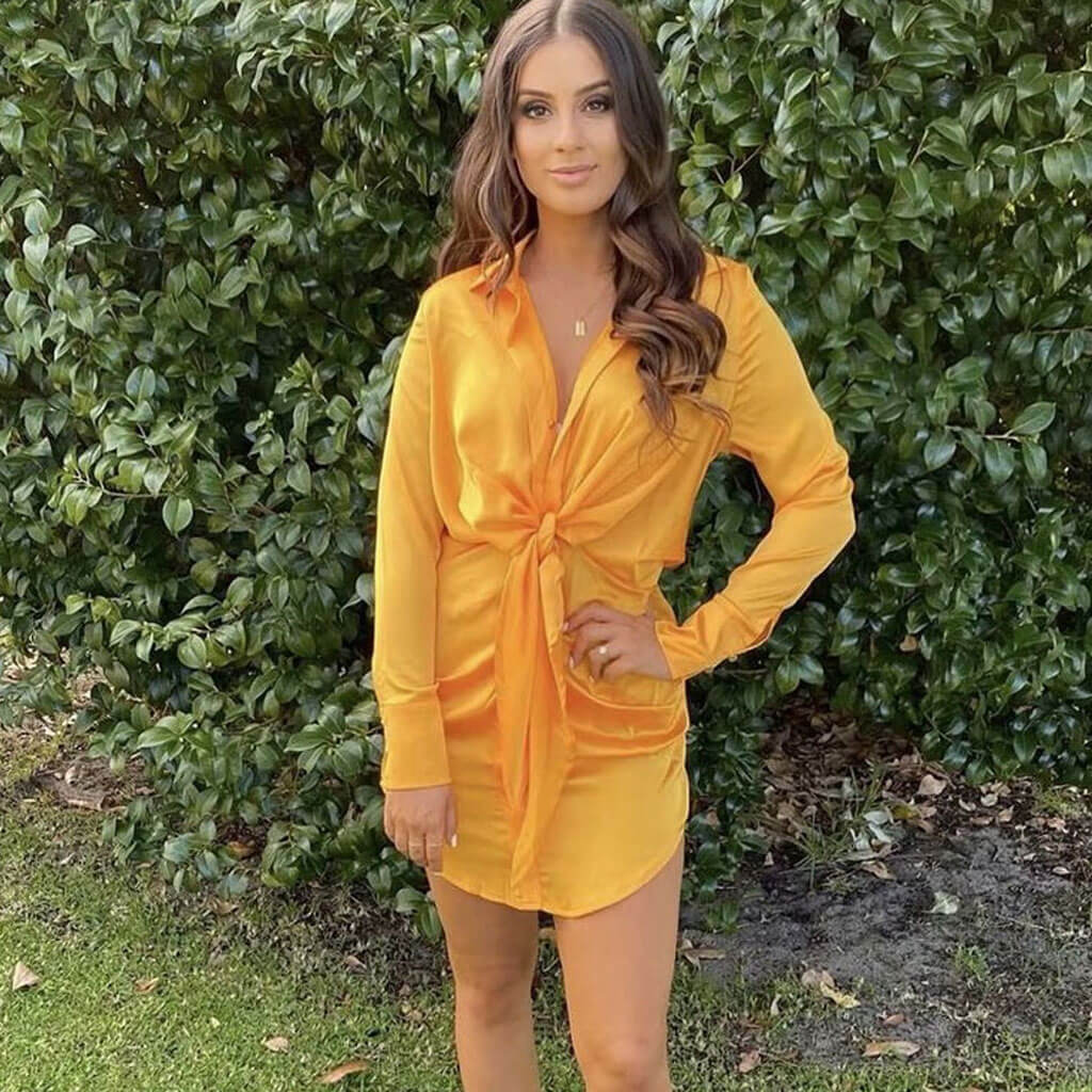Gold Collared Knot Front Long Sleeve Satin Shirt Mini Dress 2