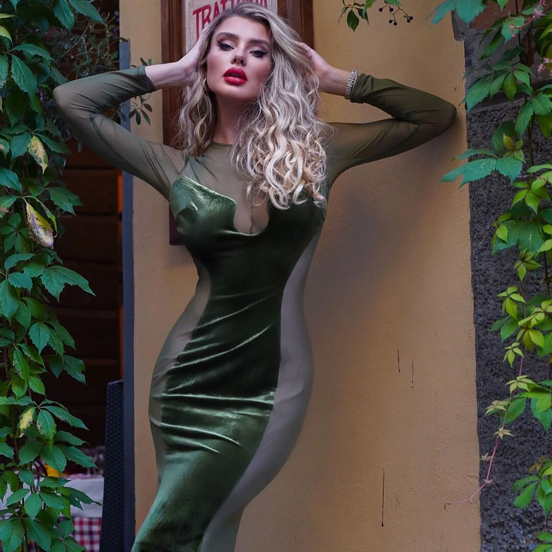 Green Mock Neck Velvet Mesh Panel Long Sleeve Sheer Bodycon Maxi Dress