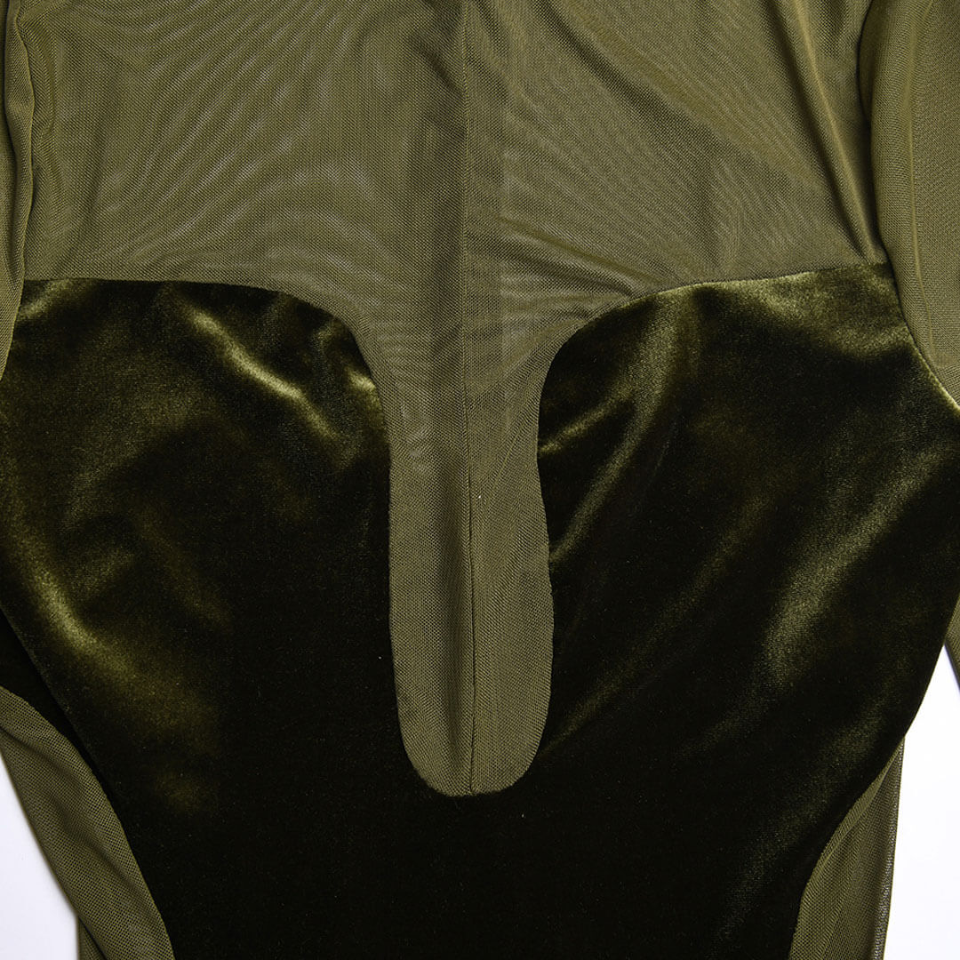 Green Mock Neck Velvet Mesh Panel Long Sleeve Sheer Bodycon Maxi Dress