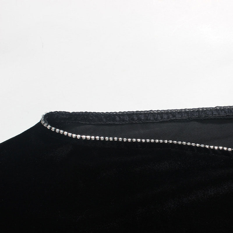 Black Round Neck Long Sleeve Velvet Rhinestone Trim High Slit Maxi Dress