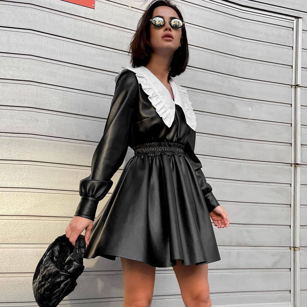 Black Ruffle Peter Pan Collar Long Sleeve Leather A-Line Mini Dress