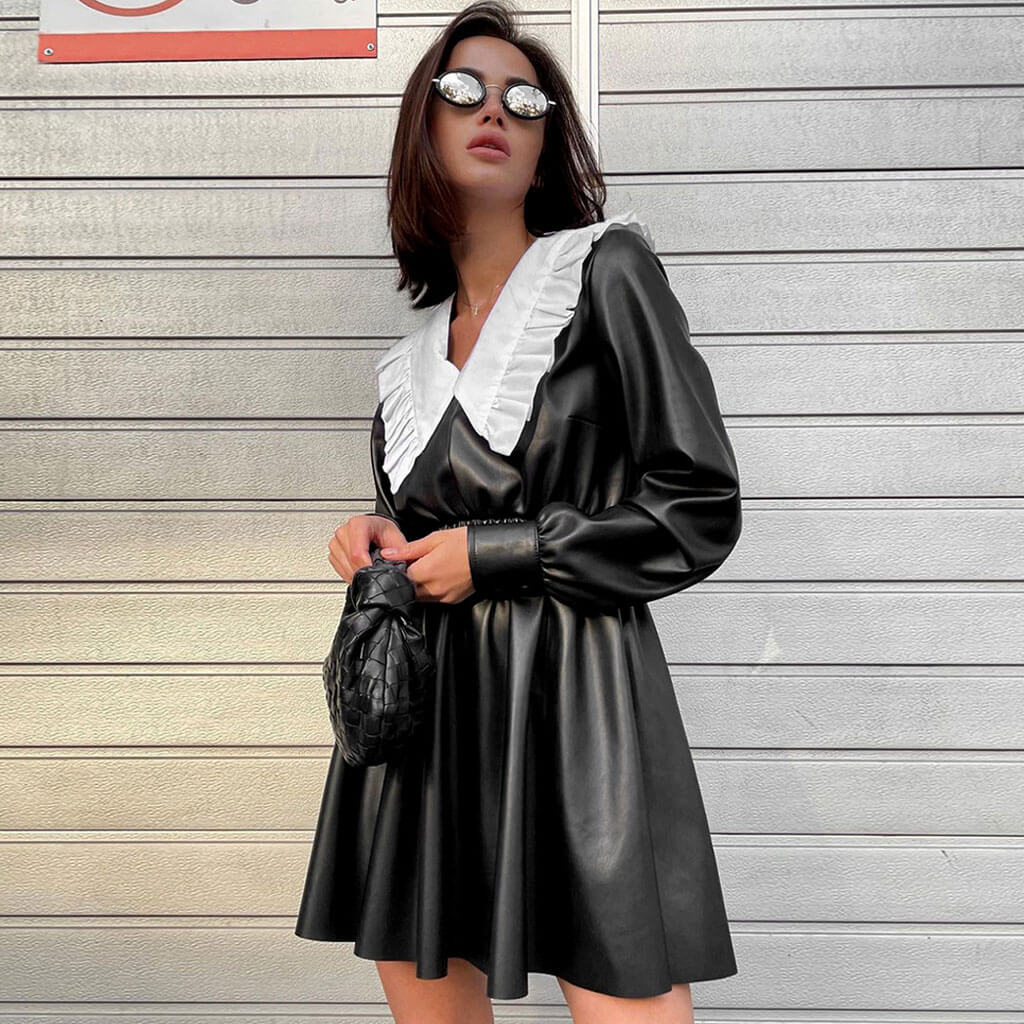 Black Ruffle Peter Pan Collar Long Sleeve Leather A-Line Mini Dress