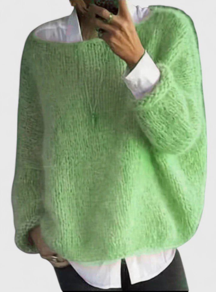 Round Neck Fuzzy Mohair Knit Long Sleeve Loose Sweater