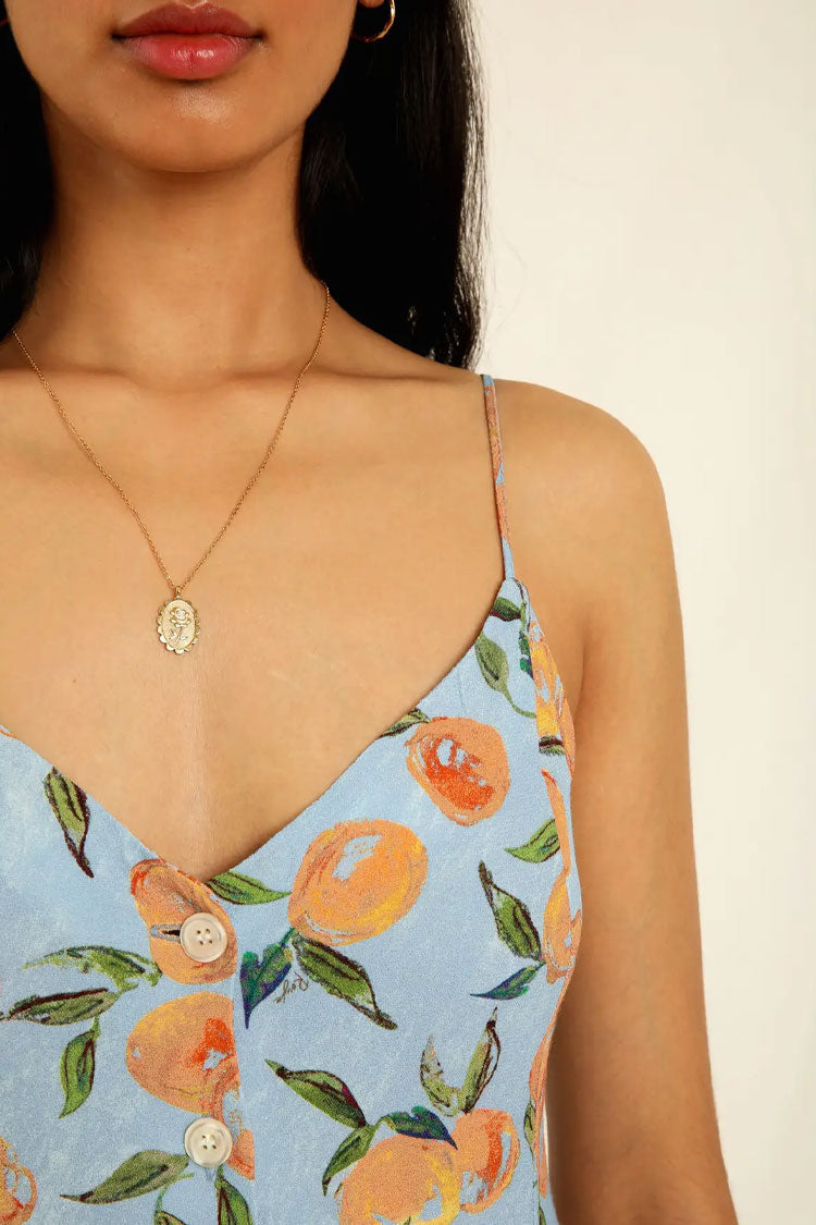 Blue Spaghetti Strap V-Neck Fruit Print Button Front Slip Midi Dress 4