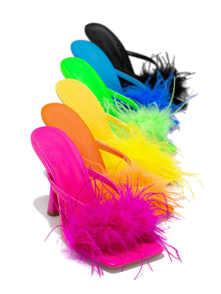 Feather Trim Square Toe Stiletto High Heel Mules