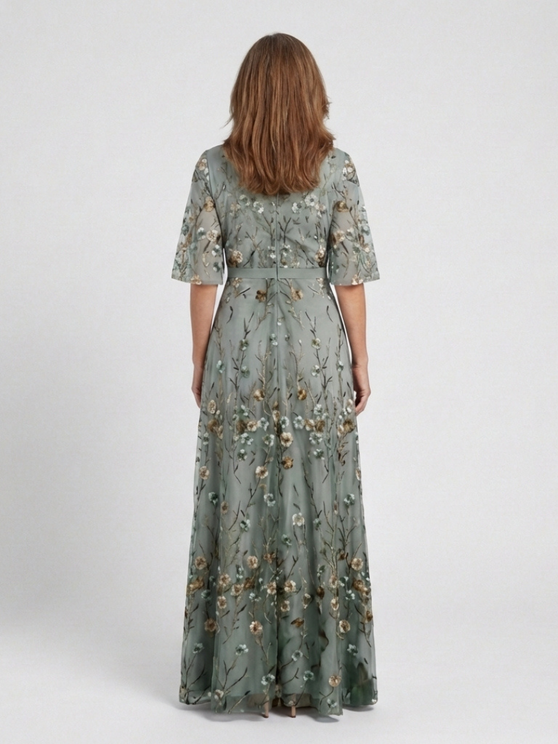 Green V-Neck Floral Embroidered Bell Sleeve Empire Waist Maxi Gown