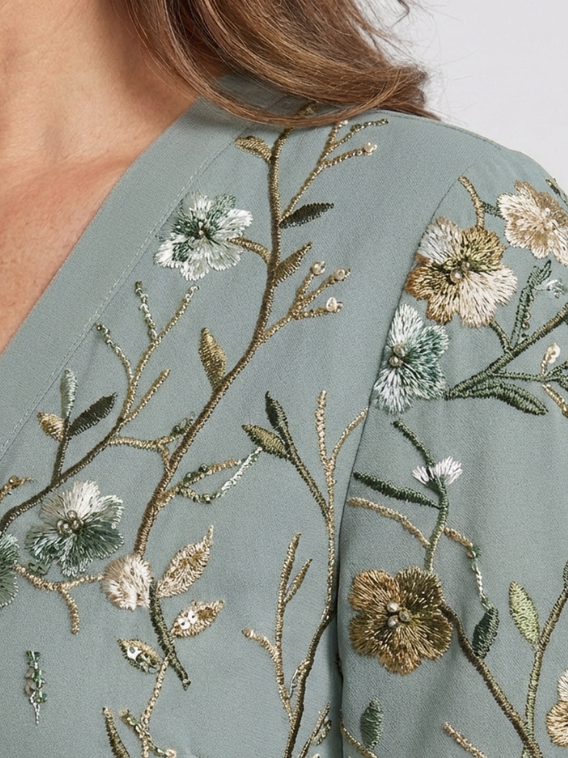 Green V-Neck Floral Embroidered Bell Sleeve Empire Waist Maxi Gown