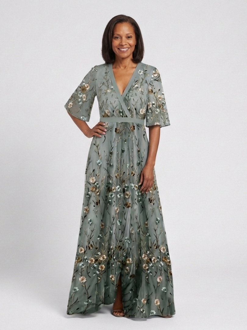 Green V-Neck Floral Embroidered Bell Sleeve Empire Waist Maxi Gown