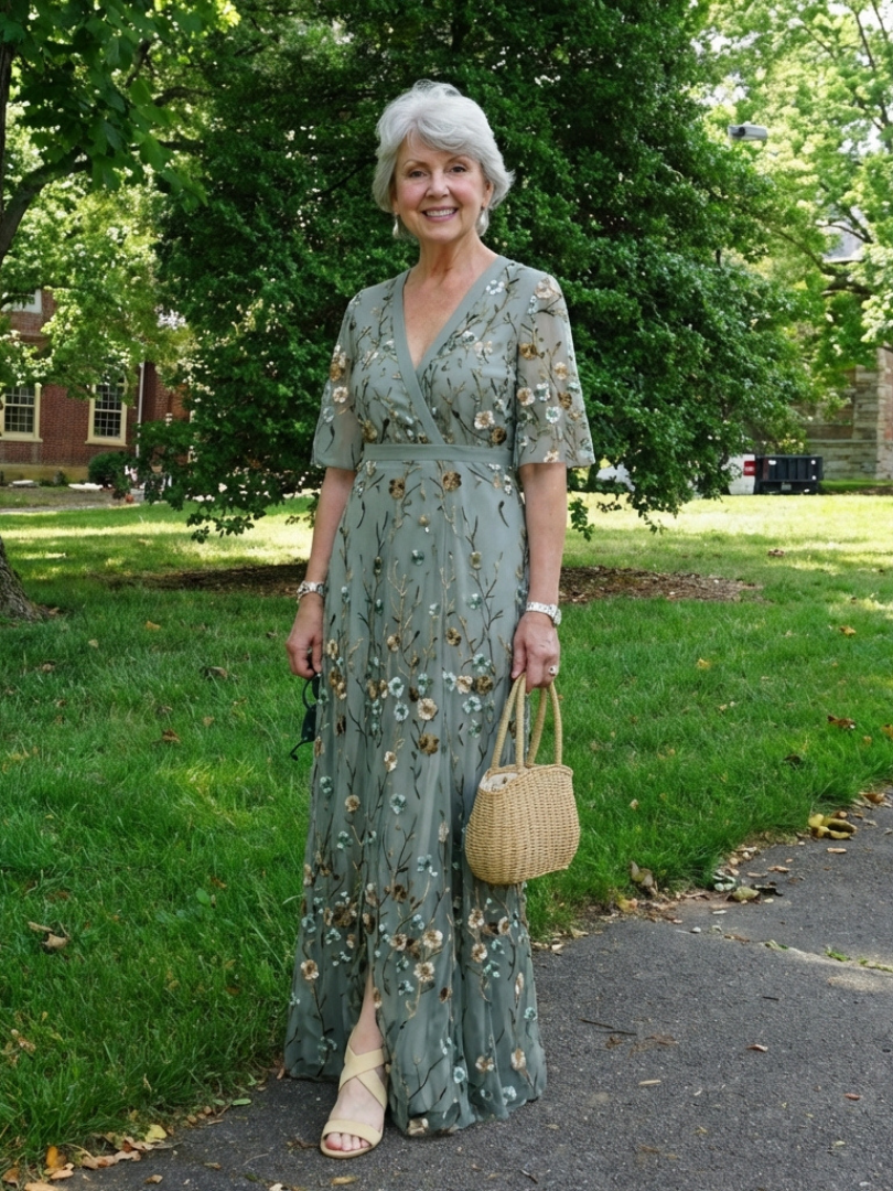 Green V-Neck Floral Embroidered Bell Sleeve Empire Waist Maxi Gown