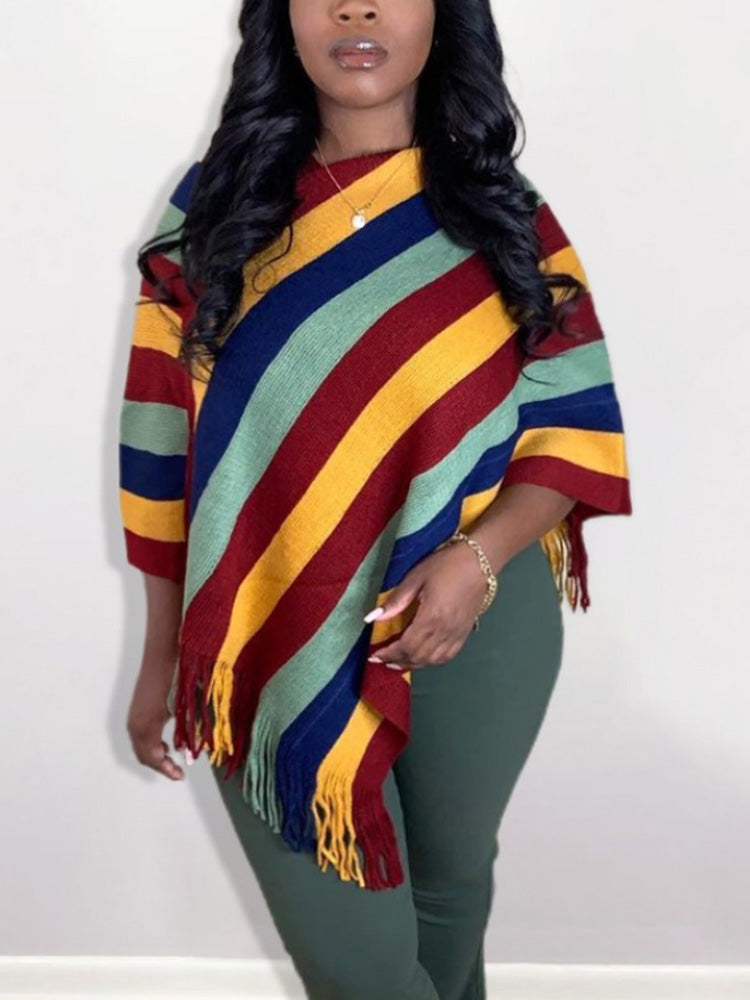 Striped Knit Tassel Trim Asymmetric Hem Poncho