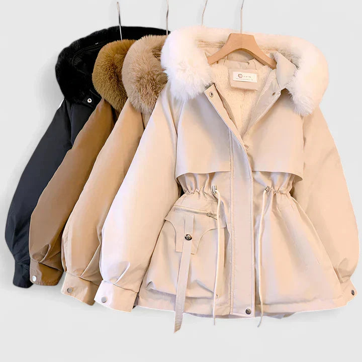 Faux Fur Hooded Fleece-Lined Drawstring Waist Parka Jacket