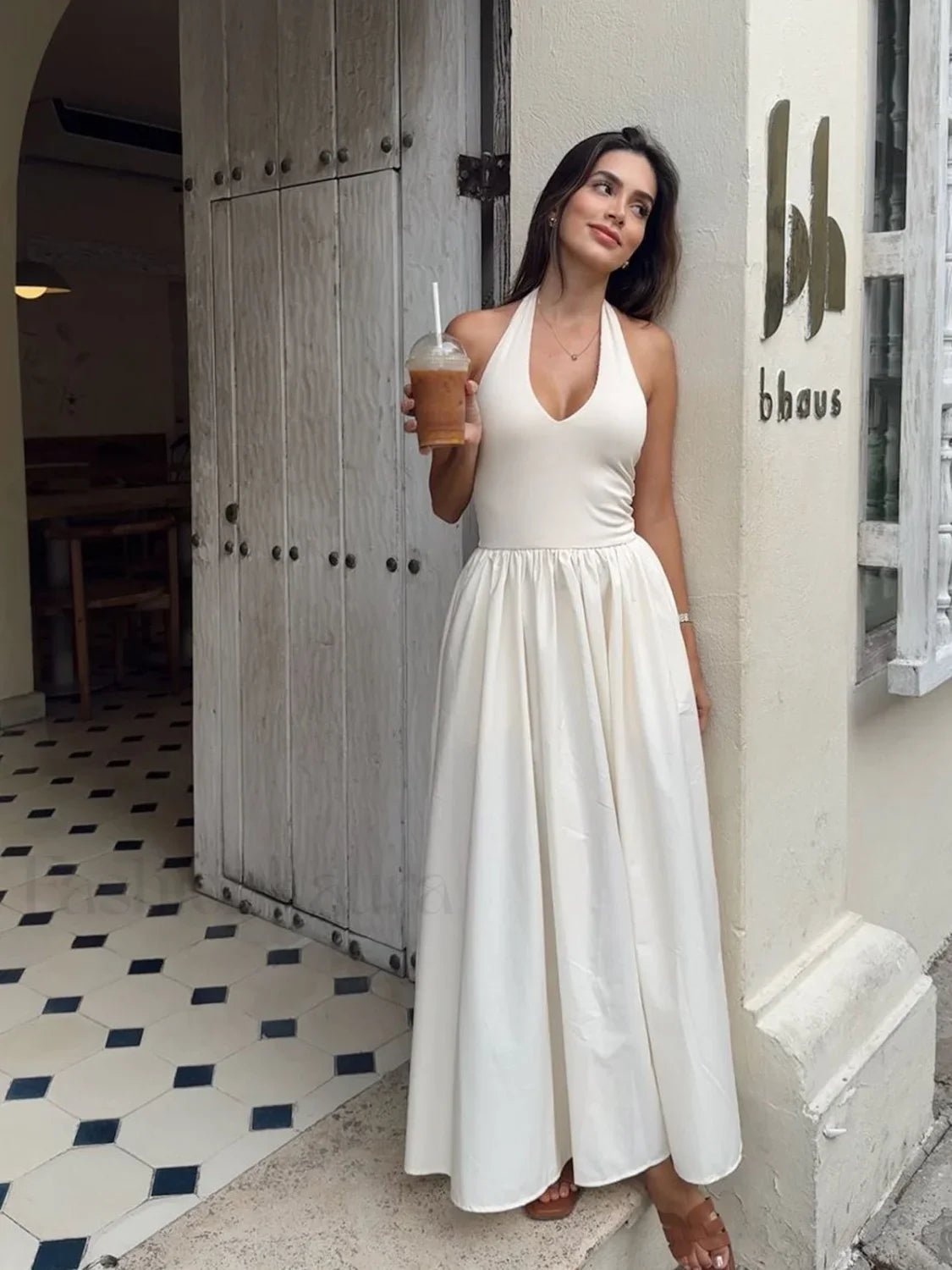 Halter Backless Pockets Dress Off White / XS Dresses
