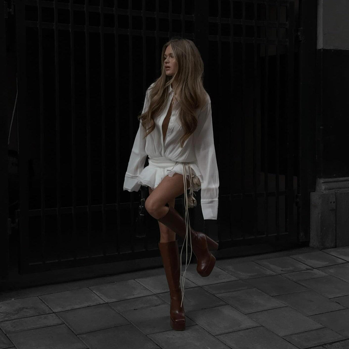 White Collared Deep V-Neck Long Sleeve Belted Ruffle Shirt Mini Dress 3