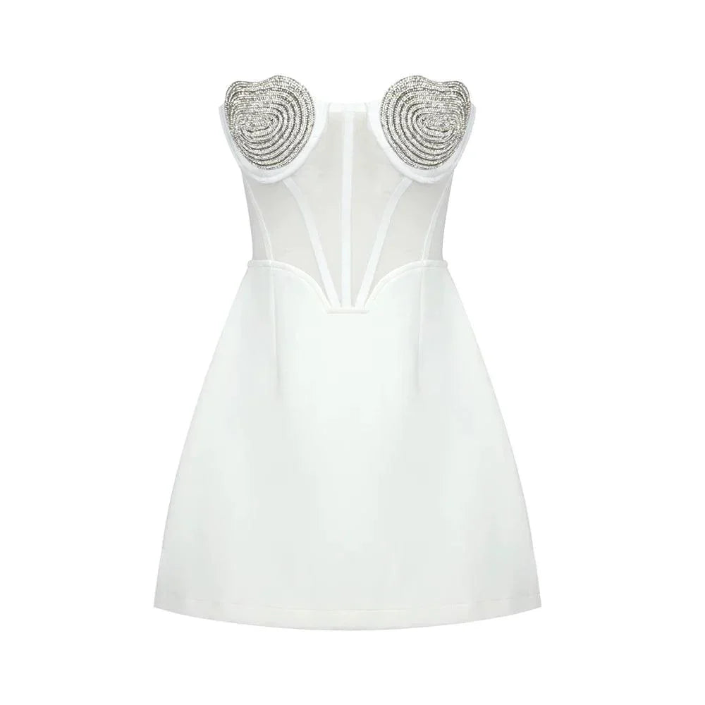 Strapless Rhinestone Heart Bustier Corset A-Line Mini Dress