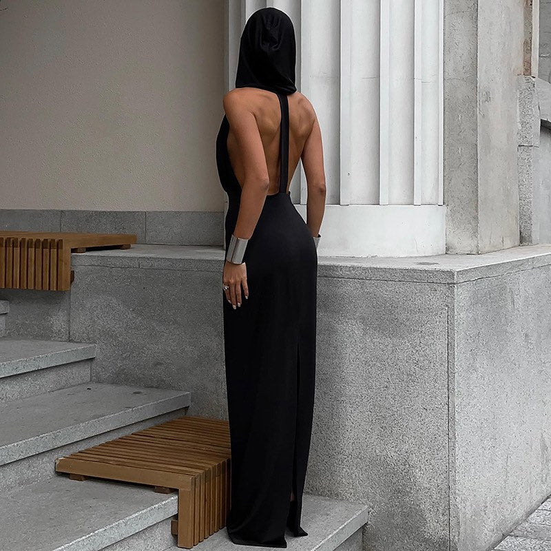 Black Hooded Open Back Sleeveless Bodycon Maxi Dress 4