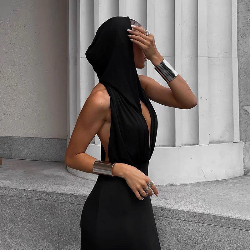 Black Hooded Open Back Sleeveless Bodycon Maxi Dress 3