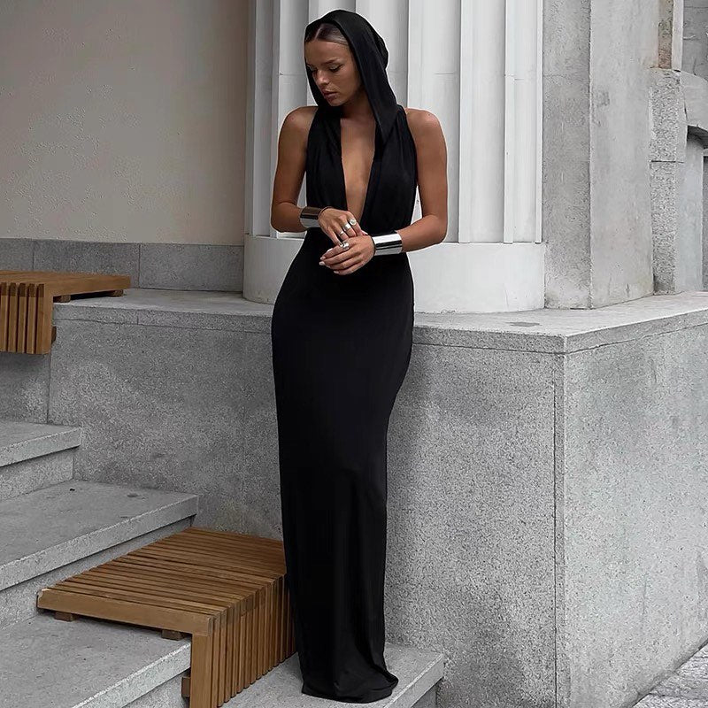 Black Hooded Open Back Sleeveless Bodycon Maxi Dress 2