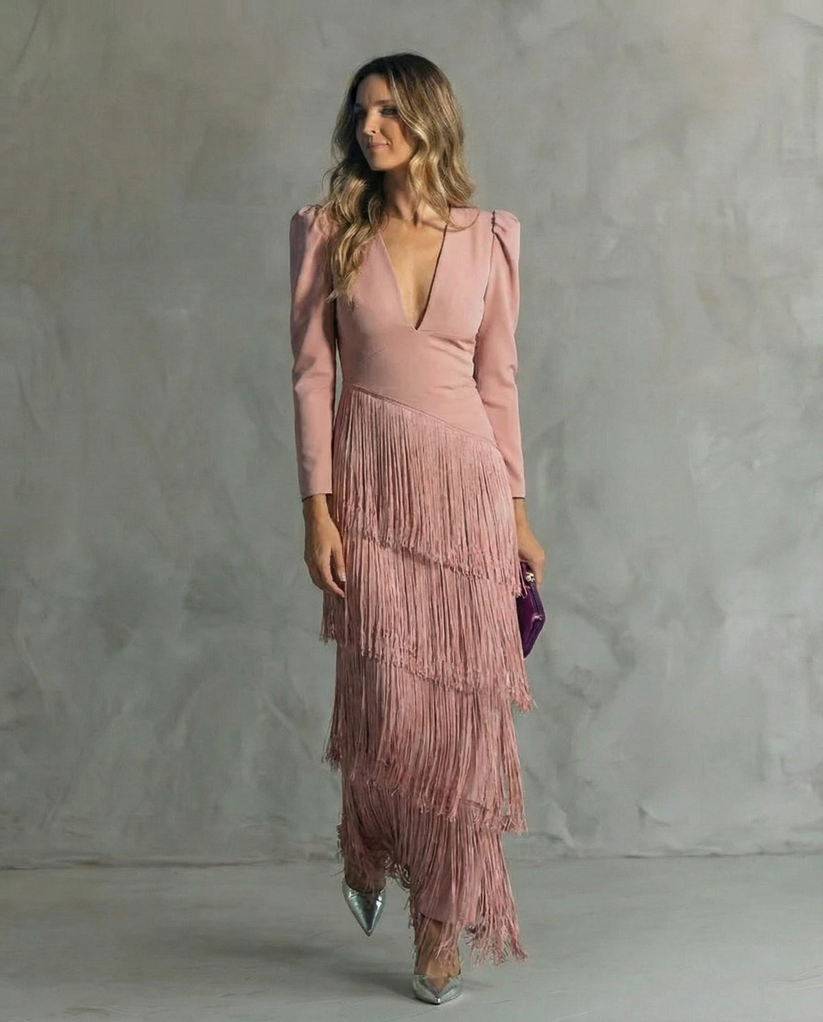 Plunge V-Neck Long Sleeve Tiered Fringe Column Maxi Gown