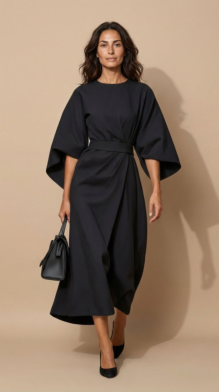 Round Neck Lantern Sleeve Belted Ruched Wrap Front Midi Dress