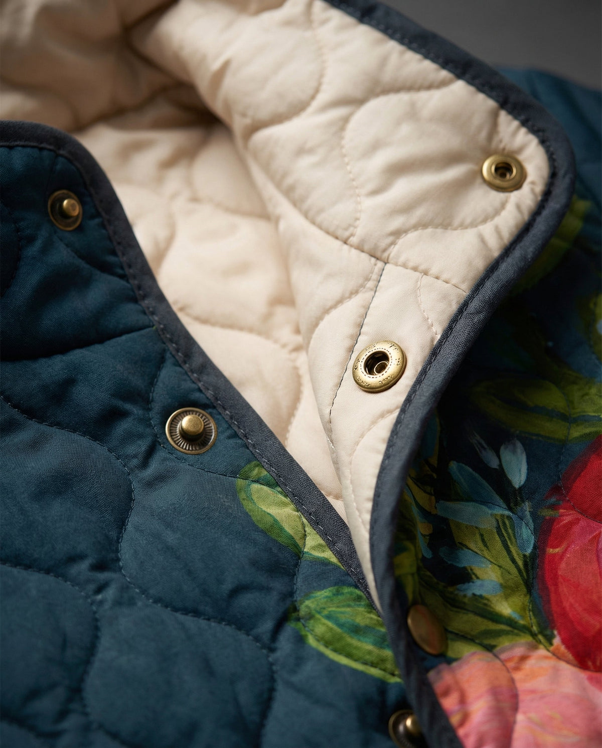 Multicolor Stand Collar Painted Floral Print Quilted Button-Front Long Sleeve Jacket