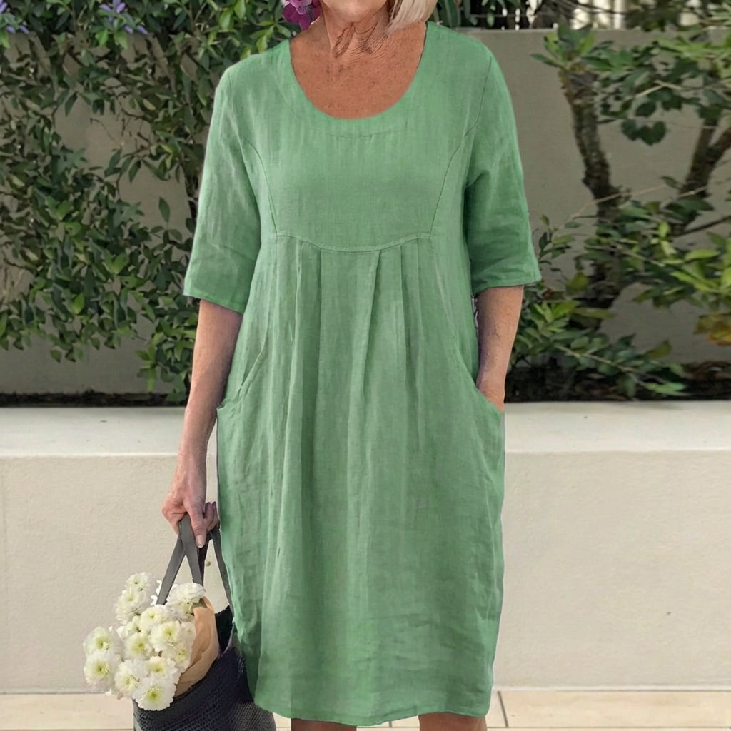 Scoop Neck Half Sleeve Linen Pleated Pocket Midi Dress 3